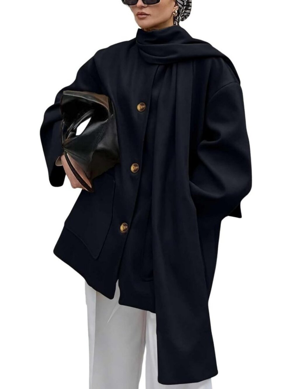 Chic Women's Casual Wool Blend Trench Coat with Scarf - Perfect for Office